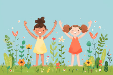 Illustration of two happy kids with raised arms, playing in a colorful flower garden under a clear blue sky.
