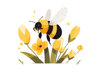Vector illustration of a bumblebee actively pollinating bright yellow flowers.