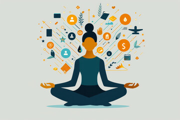 Illustration of a woman meditating surrounded by floating icons symbol ideas, creativity, creative project and productivity. Modern banner of brainstorming with flat illustration.