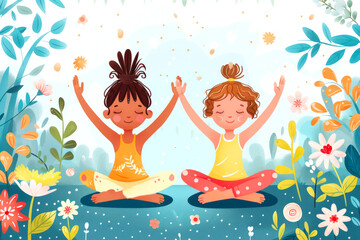 Illustration of children meditating sitting with eyes closed, doing yoga in a garden surrounded by colourful plants. Vector illustration