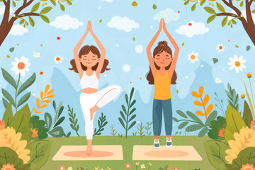 Yoga for kids. Illustration of children meditating sitting with eyes closed, doing yoga in a garden surrounded by colourful plants. Vector illustration