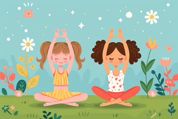 Illustration of children meditating sitting with eyes closed, doing yoga in a garden surrounded by colourful plants. Vector illustration