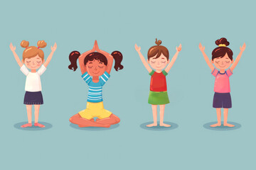 Illustration of four children performing yoga poses with eyes closed, enjoying mindfulness and relaxation exercises.
