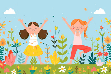 Illustration of children meditating sitting with eyes closed, doing yoga in a garden surrounded by colourful plants. Vector illustration