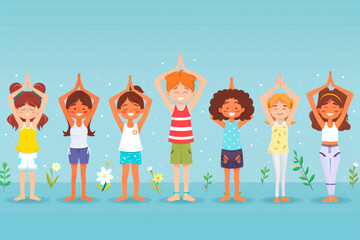 Illustration of four children practicing various yoga poses, eyes closed, enjoying mindfulness and relaxation exercises.
