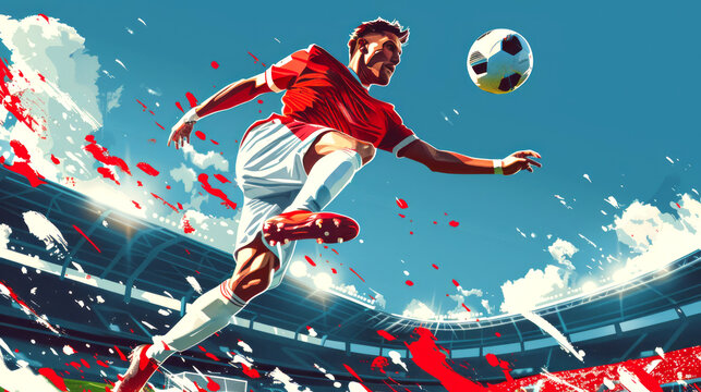 Illustrations of soccer players in dynamic action poses,  kicking the ball, showcasing intensity and athleticism.