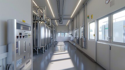 A well-lit brewery room with large stainless steel tanks and control panels, showcasing modern brewing equipment under daylight.