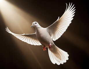 A white dove, symbolizing the Holy Spirit, soars in a sunlit church with a cross in the background. The dove's wings are outstretched, and its body glows with divine light. The image evokes a sense of