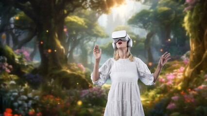 Excited woman wearing VR with stretching arms getting fresh air metaverse wonderland fairytale...