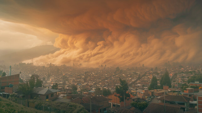Dramatic dust cloud covers town at twilight