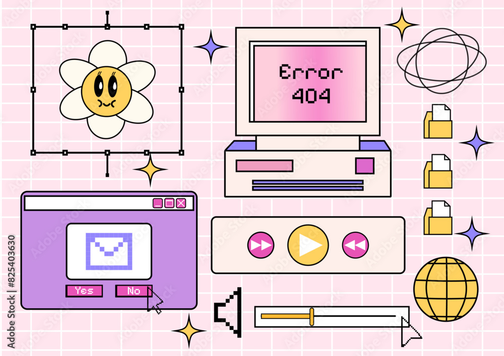 Poster sticker pack. set of retro pc and computer icons. browser and pop-up window. vector illustration. is
