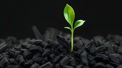 A single green fresh sprout with tiny leaves got out of black coal and dirt. Concept of life and growth after hard situation or fresh starts.