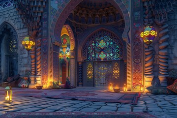 : An enchanting Eid al-Adha Mubarak scene featuring a richly adorned mosque with intricate patterns and vibrant colors, illuminated by glowing lanterns.