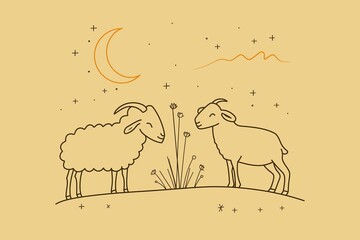 Eid al-Adha simple vector background, web banner with sheep goat and crescent. One continuous line drawing of sheep and moon.