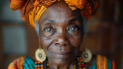 Close-up portrait of an older woman with orange and green clothing and jewelry, looking into the camera