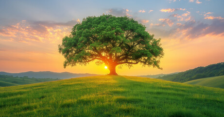 Majestic lone tree on a hill at sunset with vibrant sky