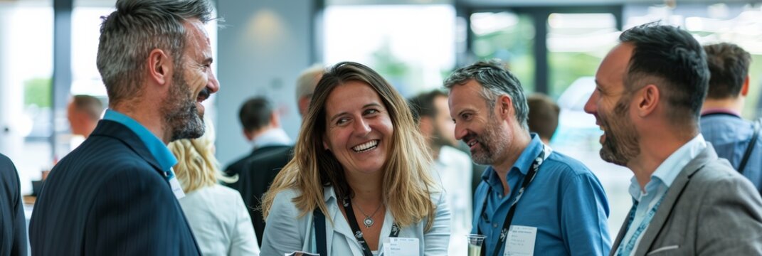 Business networking gathering, delegates mingle at conference.