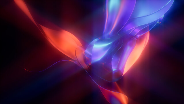 3D render of glowing neon abstract wavy holographic shapes