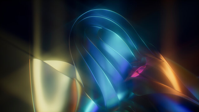 3D render of glowing neon abstract wavy holographic shapes