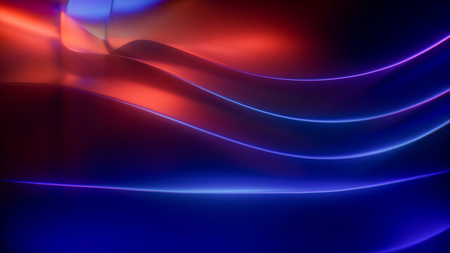 3D render of glowing neon abstract wavy holographic shapes