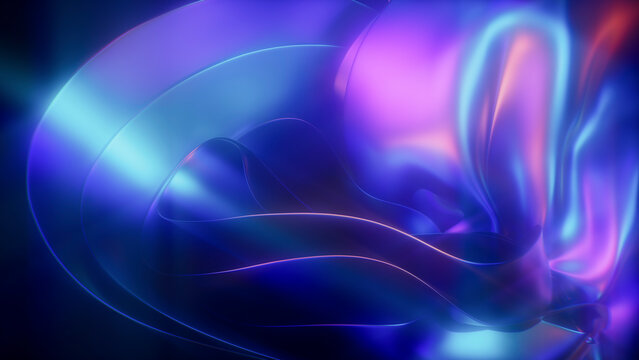 3D render of glowing neon abstract wavy holographic shapes