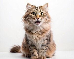 Fototapeta premium American Curl breed cat sitting isolated on white background looking at camera.