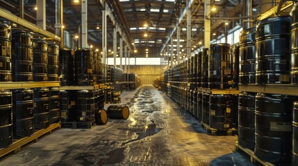 A large warehouse packed with rows of numerous barrels, creating a storage facility for liquids or goods.