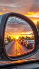 The sideview mirror of a car reflects the vibrant, golden lights of a city street at night, creating a warm, atmospheric scene.