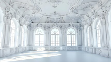 Luxurious white baroque-style interior with ornate ceilings and windows, bright background, concept of opulence. 