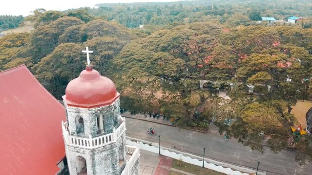 Drone shot of San Isidro Labrador Catholic Church (Lazi Church) in Lazi, Siquijor, Philippines