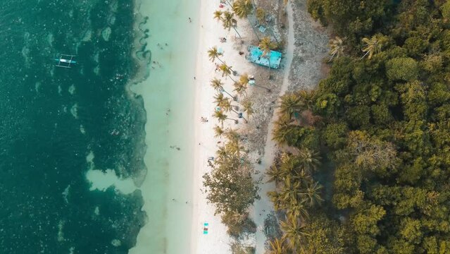 Bird's eye drone shot of Salagdoong Tropical Beach on a sunny day in Maria, Siquijor, Philippines