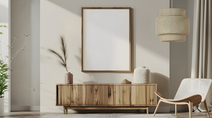 Interior poster mockup with vertical wooden frame in home interior background