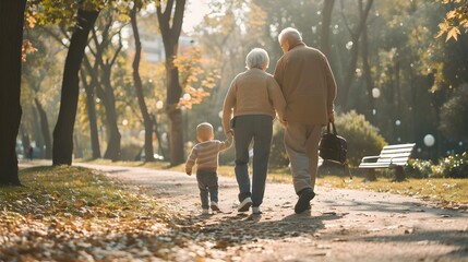 Fototapeta premium Happy senior couple walking and playing with their adorable grandson in public city park. 