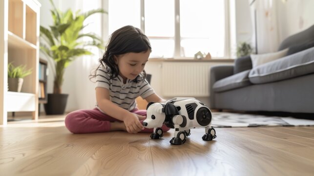 Adorable Child Engaged in Playtime with Robotic Dog Toy at Home