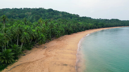 Tropical turtle sanctuary beach with palm trees and a distant hill, Sao Tome and Principe, Africa