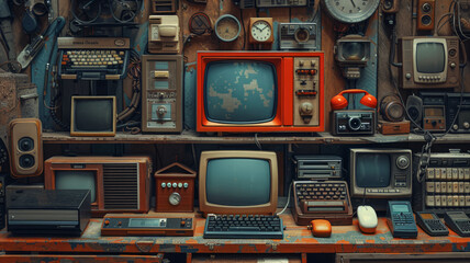 Fototapeta premium Craft a nostalgic collage showcasing iconic gadgets telephone, PC, smartphone, internet, TV celebrating tech history.generative ai