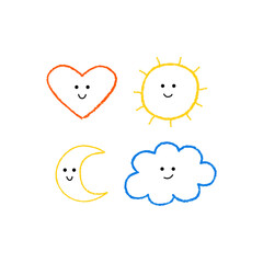 Set of cute heart, sun, moon and cloud icons with funny faces. Doodle vector illustrations in crayon quirky style