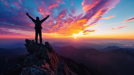 hiker celebrating success on top of a mountain in a majestic sunrise