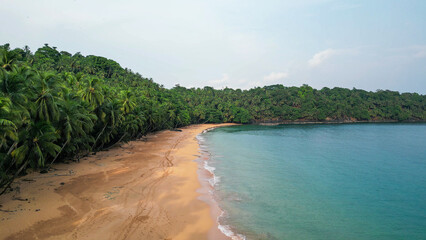 Turtle sanctuary beach with palm trees and a distant hill, Sao Tome and Principe, Africa