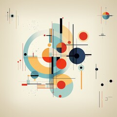 An abstract illustration with geometric shapes in  retro style, featuring circles, lines, and rectangles in orange, blue, black, and beige. Ideal for graphic design and interior decoration.