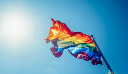 Fototapeta premium Rainbow flag flying in sky. Generative by AI