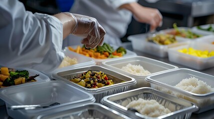 Obraz premium Food in disposable dishes ready for delivery. The chef prepares food in the restaurant and packs it in disposable lunch boxes.