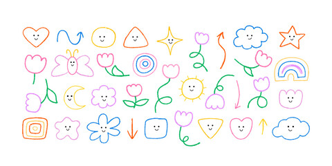 Set of cute abstract various childish shapes and graphic elements. Stars, moon, sun, heart, butterfly and flowers. Collection of crayon and charcoal icons with funny faces. Doodle vector illustrations