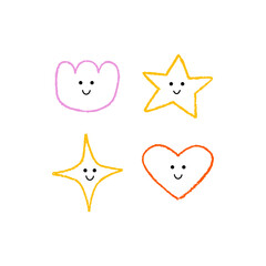 Set of cute heart, stars and flower with funny faces. Doodle vector illustrations in crayon quirky style