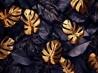 leaves gold and black, dark monstera palm graphic design creative nature background, minimal summer abstract jungle forest pattern luxury exotic botanical design cosmetics illustration