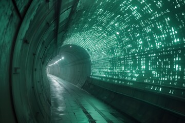 Futuristic technology tunnel with computer code on the walls