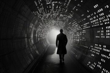 Man walking in futuristic technology tunnel with computer code