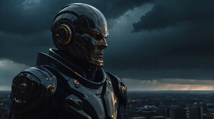 A brooding chrononaut clad in dark, shimmering attire, exuding a mysterious aura that contrasts starkly against the backdrop of metallic machinery and ominous storm clouds. 