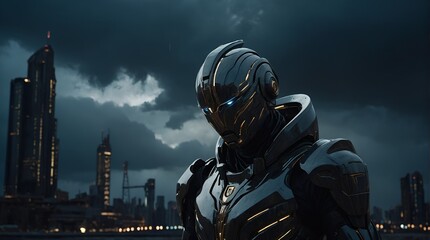 A brooding chrononaut clad in dark, shimmering attire, exuding a mysterious aura that contrasts starkly against the backdrop of metallic machinery and ominous storm clouds. 