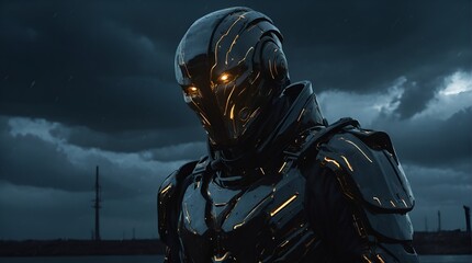 A brooding chrononaut clad in dark, shimmering attire, exuding a mysterious aura that contrasts starkly against the backdrop of metallic machinery and ominous storm clouds. 